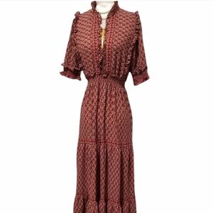 MAX STUDIO Burgundy Red Floral Print Split Mock Neck Ruffle Tiered Maxi Dress